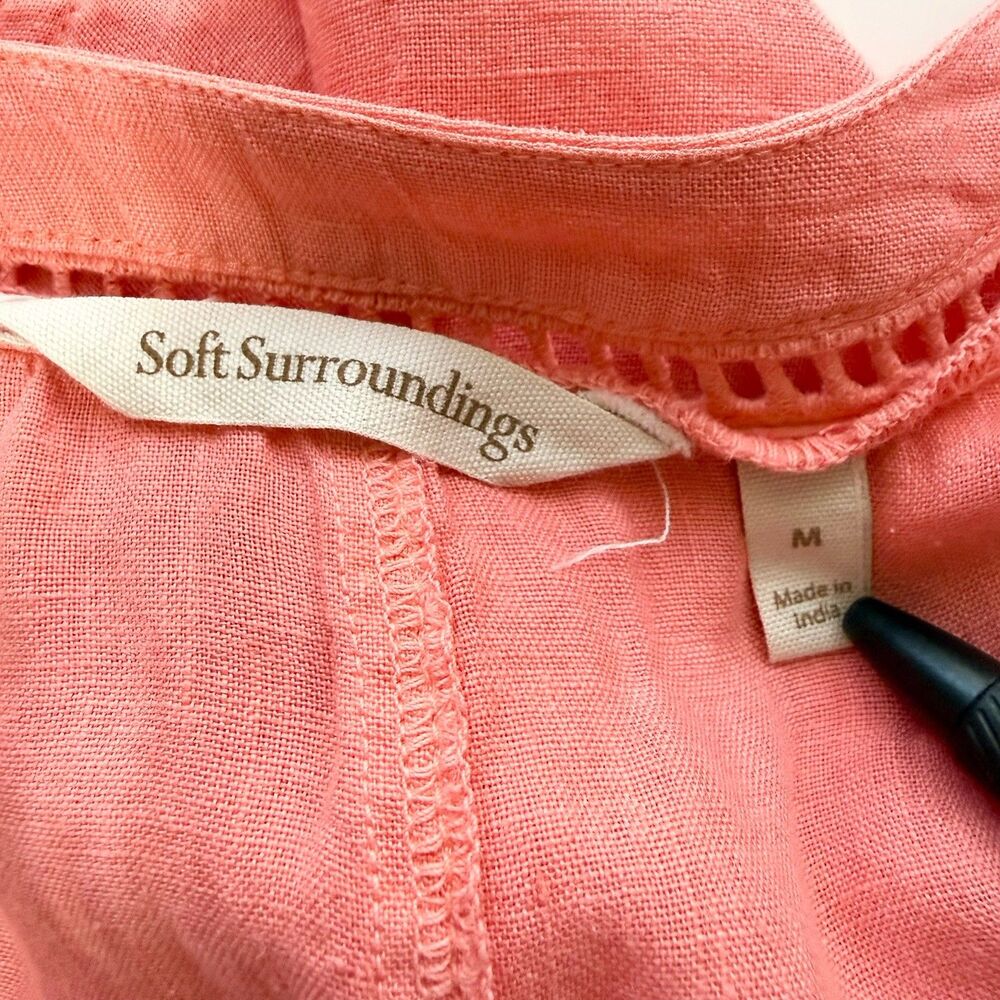 Soft Surroundings Coral Linen Tunic Top Medium V Neck 3/4 Sleeve Boho - Picture 8 of 11